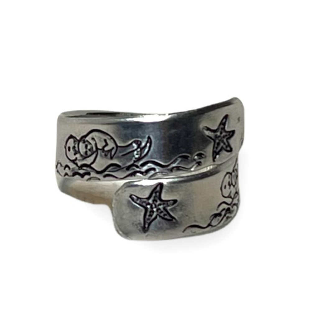 Handmade 7/8 stamped‎ ocean sea otter silver adjustable hypoallergenic wrap ring